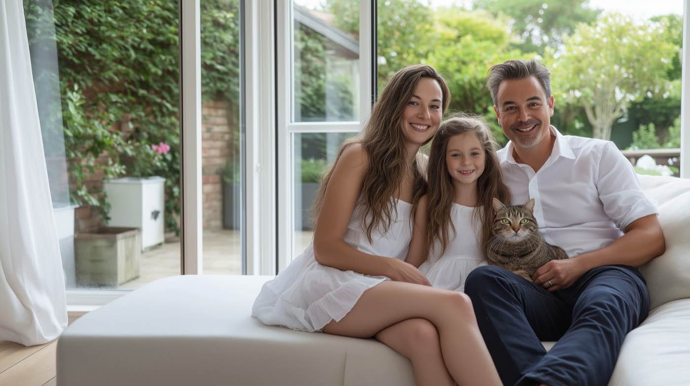 Two parents and their daughter at home with the family cat