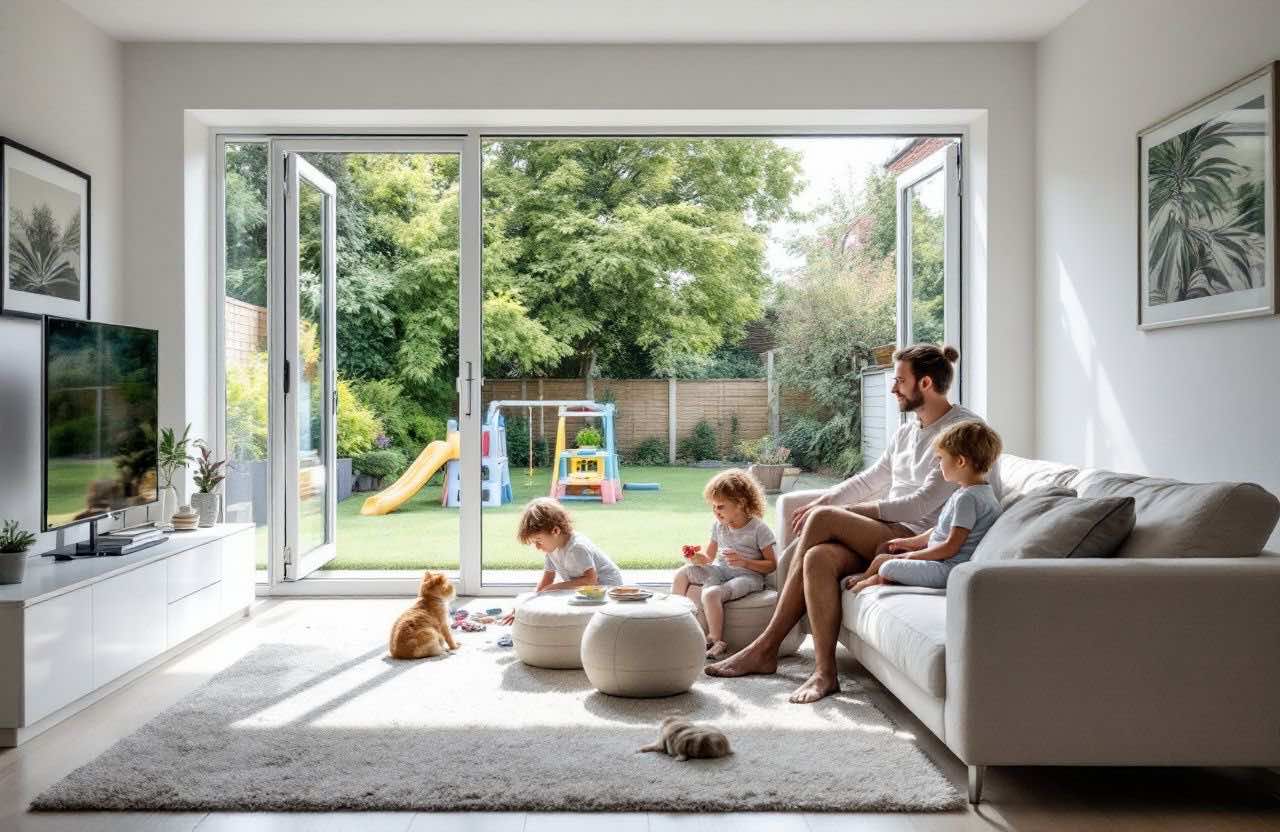 Two parents and three children relaxing in a bright living room